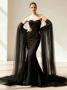 1 pièce Manche de robe en mousseline de soie noire semi-transparente et fluide, manche de robe longue et élégante pour soirée, mariage, représentation, défilé - Manches - Voir 1