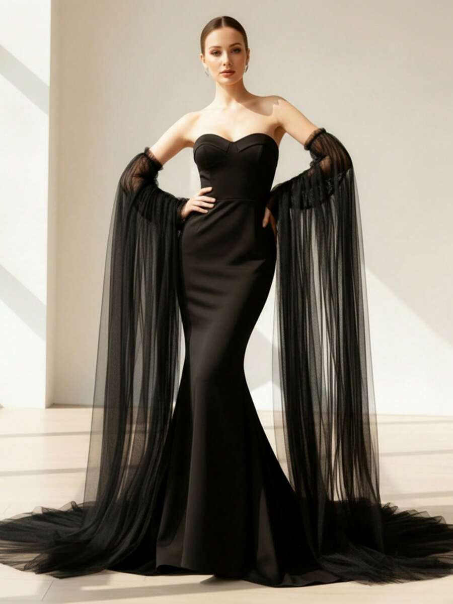 1 pièce Manche de robe en mousseline de soie noire semi-transparente et fluide, manche de robe longue et élégante pour soirée, mariage, représentation, défilé - Manches - Voir 1
