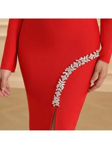 Love Aing 女款春季奢華黑色晚禮服，優雅長袖不對稱領鏤空側開衩長裙，飾閃亮蝴蝶水鑽，性感繃帶貼身派對洋裝，適合約會、單身派對、聚會、舞會、畢業典禮、婚禮季、正式場合、返校、生日派對 - 紅色 - 查看 9