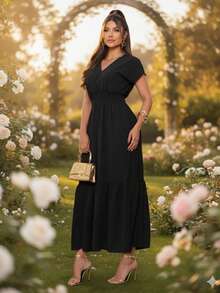 Elegant Women's Long V-Neck Dress With Elastic Waistband - Casual, Social, Comfortable, Versatile,  For End Of Year, Work, And Parties - 黑色 - 查看 4