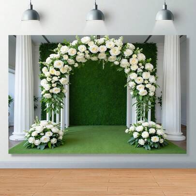 2D Flat Banner 1pc Elegant Green Leaf And White Flower Trellis Backdrop, Suitable For Weddings, Birthdays And Events - Polyester, Shiny Decoration, For Photo Albums And Retro Parties, Wedding Decoration