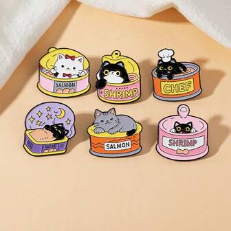 1 szt. Broszka ze stopu z emalią w kształcie kota z kreskówkowym tuńczykiem i krewetkami, słodka i kreatywna