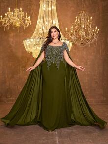 UNITHORSE Plus Size Women Square Neck Extra Long Sleeve Embroidered Fitted Linen Knit Evening Dress Wedding Party Spring Fall - Olive Green - View 4