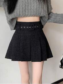 High Waist Slimming Metal Waist Belt A-Line Pleated Skirt, Shiny Tweed Fabric, Fashionable For Daily Wear, Dates, Commuting, Hanging Out With Friends, Autumn/Winter Japanese Chic Style Mini Skirt - Black - View 3