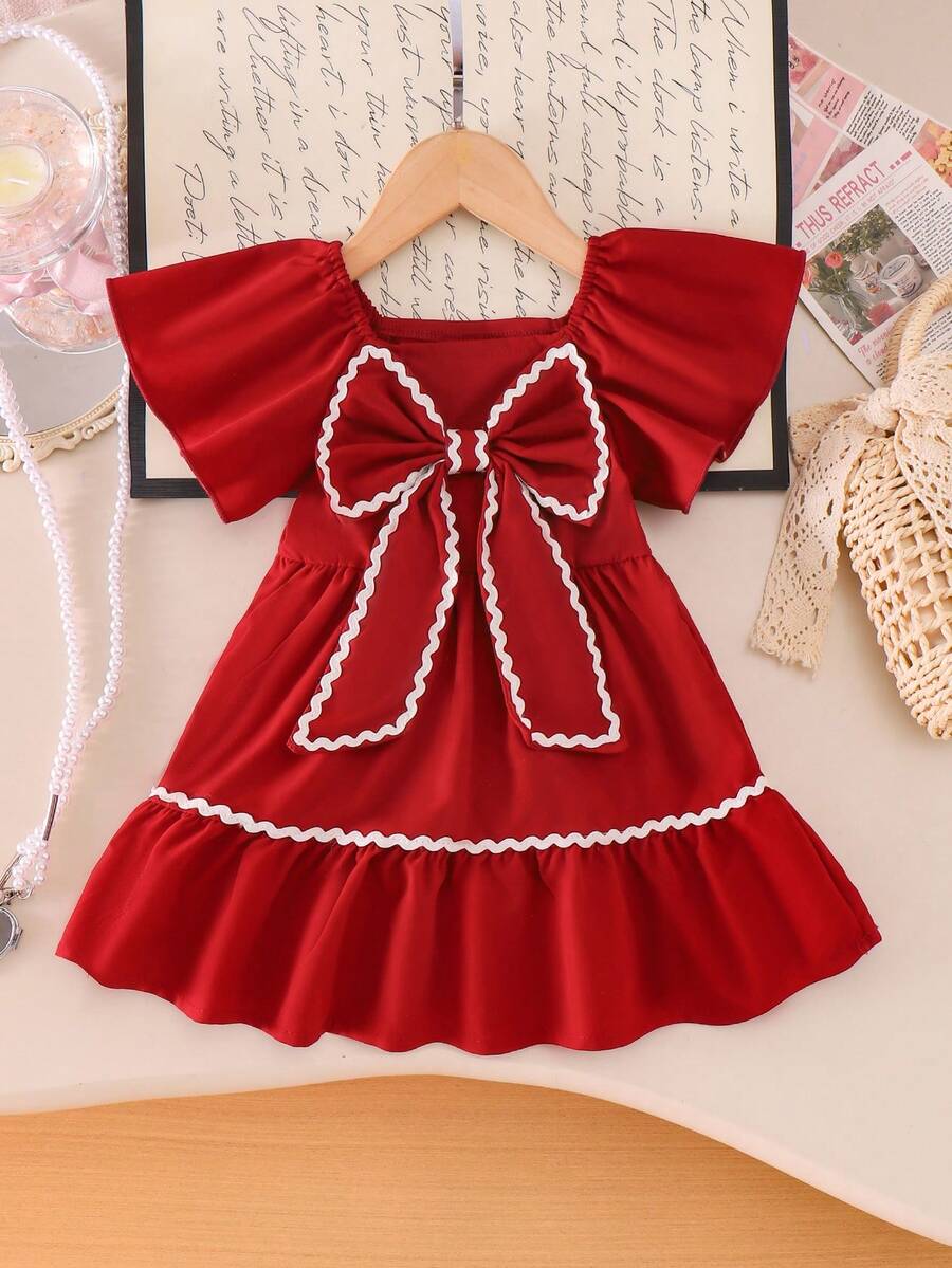 1件女婴可爱蝴蝶结装饰收腰公主袖连衣裙，夏季 - 紅色 - 查看 1