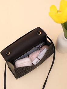 纯色草纹珍珠装饰斜挎包 - 黑色 - 查看 5