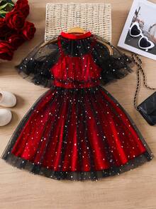 Young Girl' Contrast Mesh Shawl Strap Mesh Dress, Spring/Summer - Red and Black - View 2