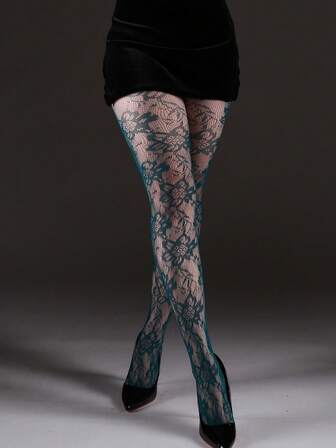 1件装加大码花卉提花渔网紧身裤，镂空修身款，性感时尚，适合派对、居家、办公室、万圣节、Y2K、哥特风、返校季等场合。