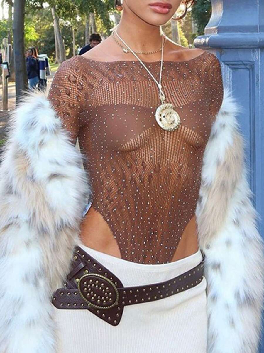 Women Long Sleeve Crew Neck Lace Sexy Bodysuit Shirts - màu nâu - Xem 1