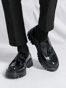 Men's Leather Printed Platform Slip-On Penny Loafers Fashion Round Toe Metal Decoration Non-Slip Lug Sole Business Dress Shoes For Driving Office Party - 黑色 - 查看 8