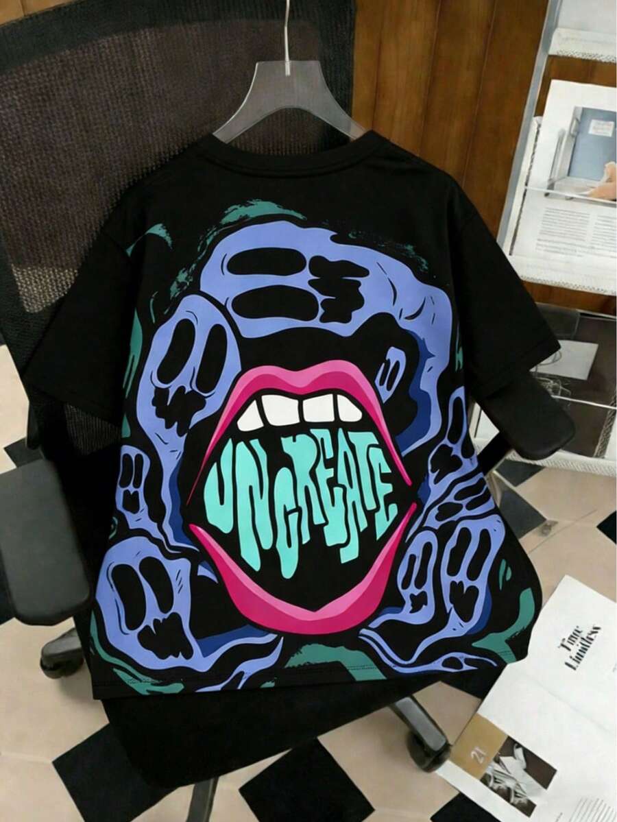 男士落肩短袖新颖 Y2K 风格 T 恤 - 黑色 - 查看 1