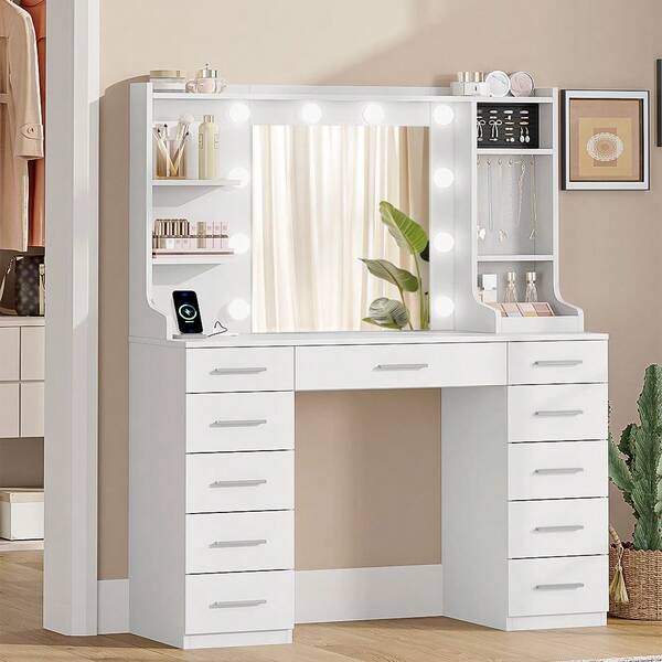 HaluPeit Dressing Table With Lights, Vanity Desk With Mirror And Power Outlet, Adjustable LED Lighting, 11 Drawers, 5 Shelves And 2 Open Compartments, Makeup Desk For Bedroom White