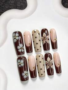 10pcs Vintage French Manicure Stickers, Autumn Nail Art Set, Hand-Painted Mixed Floral Pattern Nail Decorations, Shiny Silver Beads, White Petals, Brown Polka Dots, Warm Tones, Brown Nail Polish, Mature And Steady, Includes Tool Kit (1 Jelly Sticker + 1 Nail File), 3 Sizes Available: Almond, Duck Mouth, Coffin, Suitable For Women And Girls, Commute, Play, Autumn/Winter Daily Nail Care Nails Nail Supplies Handmade Press On Nails - 彩色 - 查看 14