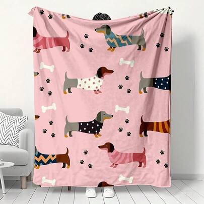 Super Soft Flannel Blanket, Warm & Comfortable Throw Blanket, Pink Base Color With Dachshund & Paw Print Pattern, Suitable For Sofa & Bedroom, Dachshund Lover's 2026 New Year Gift, Anti-Pilling