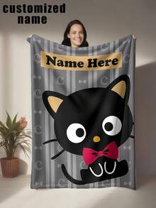 Sanrio 1pc Chocolate Cat Themed Flannel Blanket, Customizable Name, Gray Vertical Striped Base With Crescent Moon And Fish Bone Decorative Patterns, High Color Contrast - Suitable For All Seasons, Soft, Lightweight, Warm, Suitable For Sofa, Bed, Outdoor - Perfect Birthday And Holiday Gift For Family And Friends - Multicolor - View 16