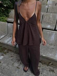 Vaiaye Women's 2-Piece Set: Elegant Camisole Top And Loose Drawstring Pants, Linen Deep V Camisole With Backless Design And Relaxed Waist Pants, Sexy Cute Elegant Romantic Summer 2-Piece Set - Dark Brown - View 1