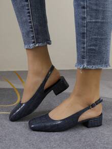 时尚舒适的石纹粗跟鞋，简约小方跟，百搭优雅 - 藍色 - 查看 3