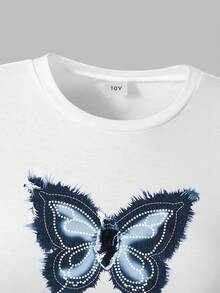 Teen Girl Butterfly Print Short Sleeve Top And Denim Skirt Set - White - View 3