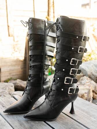 Botas de moda de mujer con estilo occidental, de unicolor, con hebilla de poliuretano, cremallera lateral, cordones, puntera puntiaguda, tacón alto delgado y sexy sobre la rodilla, adecuadas para vacaciones y todas las estaciones