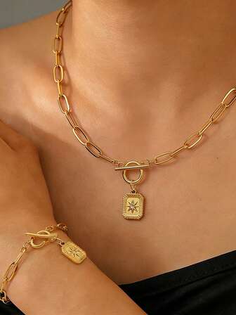 Collar con colgante de estrella de 8 puntas, conjunto de joyería de acero inoxidable con cadena de línea cuadrada y cruz, con cierre de langosta