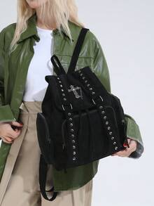 Mochila de cuero suave original de la era Y2K, decoración con cruz y cadena gótica, tela de ante, bolso de viaje - Negro - Ver 3