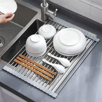 1pc Hot Selling Stainless Steel Round Rod Roller Shutter Dish Sink Dish Plate Filter Rack Sink Silicone Drain Rack Kitchen Bowl Plate Rack