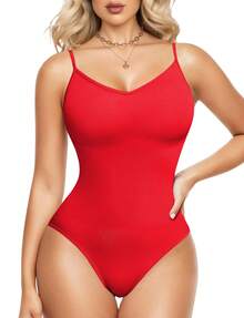 Nebility Bodysuits For Women Tummy Control Body Suits Seamless Shapewear V Neck Body Shaper - Đỏ - Xem 1
