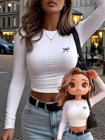 Women's Elegant Versatile Bow Print Crew Neck Long Sleeve Ruched Fitted T-Shirt, Suitable For Summer And Autumn/Winter | Y2K Chic Y2K Sweet Fitted Pink Blouse, Spring Fashion, Minimalist Style, Smooth Fabric, Stylish Women's Shirt