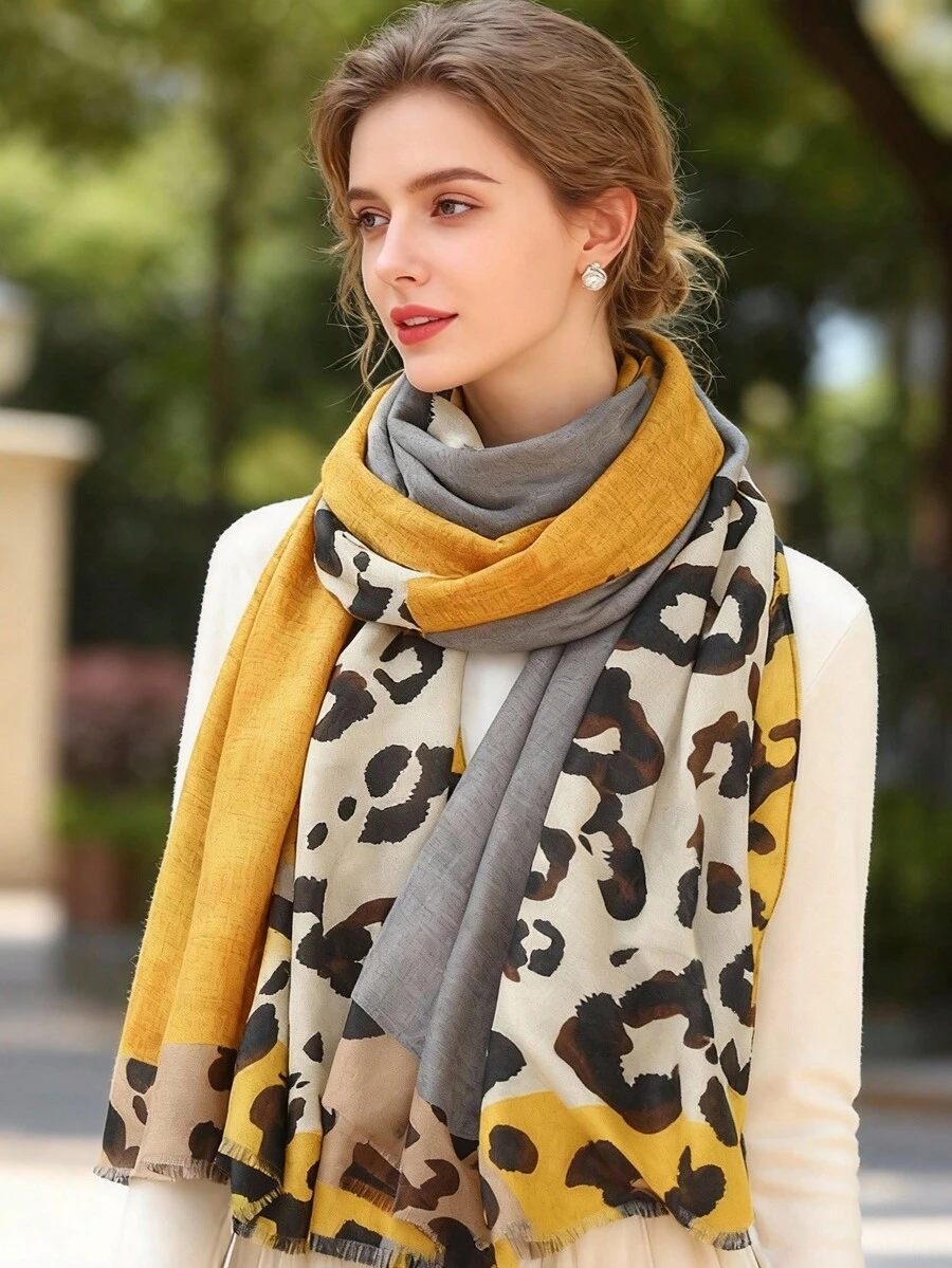 1pc Women's Bohemian Leopard Print Geometric Patchwork Shawl Scarf Wrap - 01-yellow - View 1