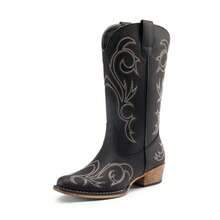 Botas de Vaquero para Mujer de Media Pantorrilla con Punta Cuadrada, Cowboy Boots para Dama con Tacón Grueso - Negro - Ver 4