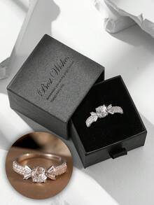 Juego de anillo de zirconia cúbica elegante y de lujo en caja de regalo, joyería para bodas, compromisos y fiestas de mujeres, material de cobre sin decoloración ni alergias, regalo ideal para el Día de San Valentín - Plateado - Ver 1