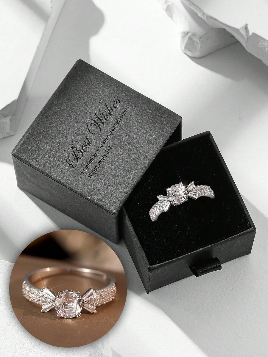 Juego de anillo de zirconia cúbica elegante y de lujo en caja de regalo, joyería para bodas, compromisos y fiestas de mujeres, material de cobre sin decoloración ni alergias, regalo ideal para el Día de San Valentín - Plateado - Ver 1