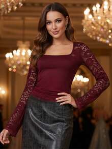 Women's Lace Trim Square Neck T Shirt Y2K Long Flare Cuff Sleeve Basic Tops Slim Fit Base Layer Going Out Blouse Shirts - 紅色 - 查看 3