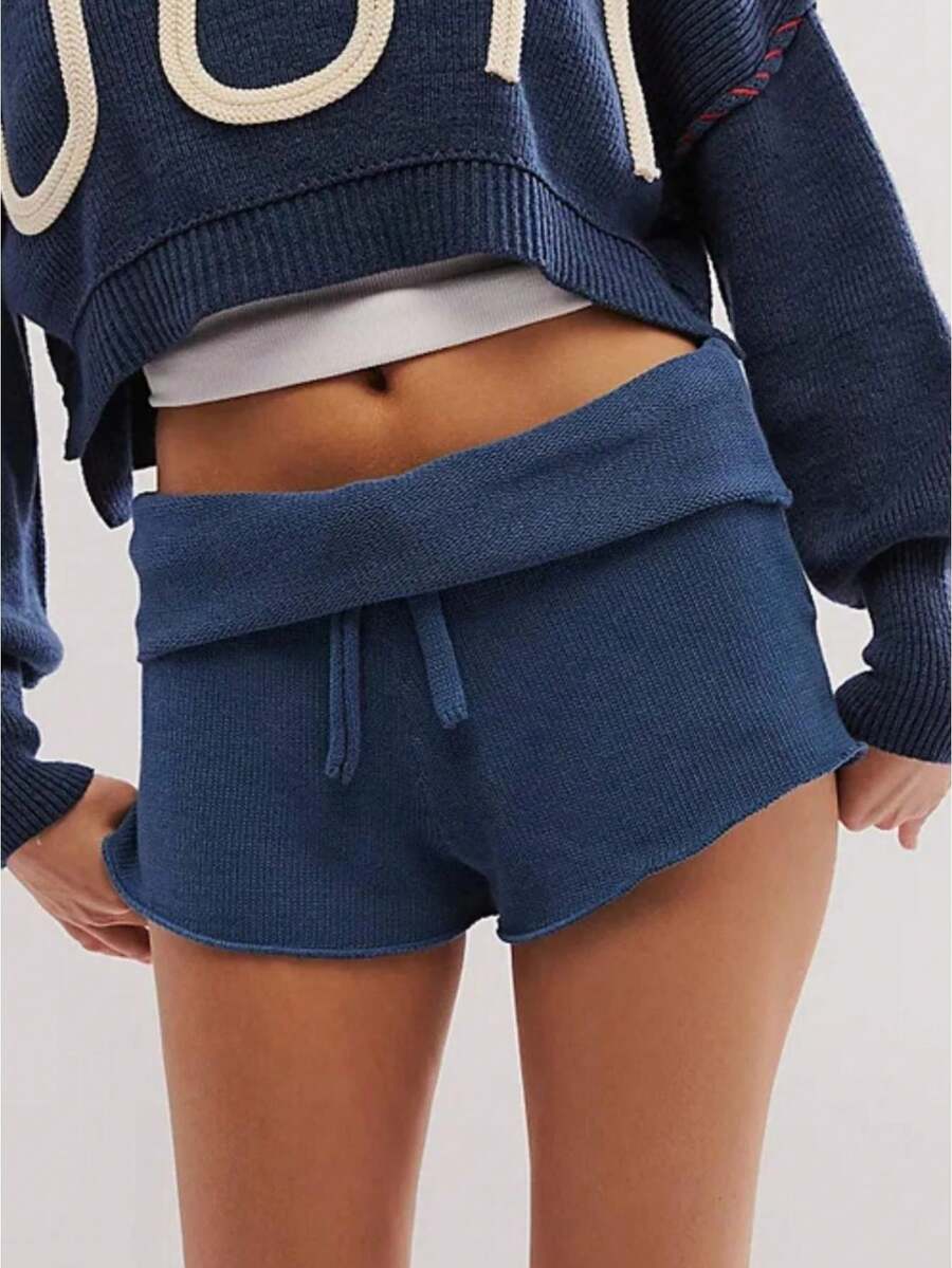 Women Y2k Fold Over Knitted Beach Shorts Casual Loose Fit Tie Front Folded Waistband Sweater Shorts Soft Lounge Shorts - Màu xanh lam - Xem 1