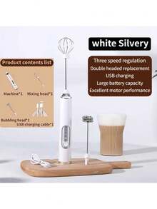可充电电动奶泡器，3档速度设置，不锈钢搅拌头，适用于制作拿铁、卡布奇诺、抹茶，以及打发鸡蛋、奶油和牛奶。