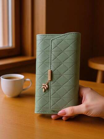 1pc Green Long Wallet, High-End PU Leather Diamond Grid Wheat Ear Leaf Pendant Tri-Fold Multi-Card Slots Fashion Women's Multifunctional Clutch Purse, Gift For Gatherings