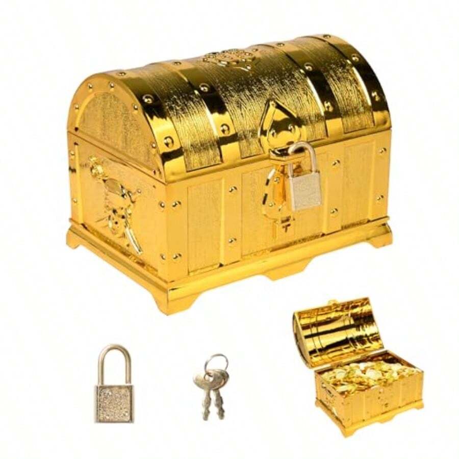 Pirate Treasure Chests With Lock5.5 X 3.82 X 3.74 Inch Gold Plastic Storage Chest For Storaging Jewelry Gold Coins And Gems Game Gifts - As Pic - View 1