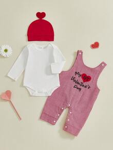 Conjunto de 3 piezas de primavera para bebés y niños pequeños, mono de manga larga con mono y sombrero, ropa sencilla para festivales de ocio, ideal para 0 a 18 meses. - Blanco - Ver 6