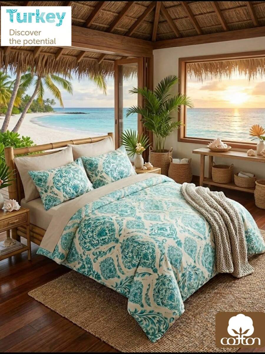 CAQQA 3 Pieces Turkish Cotton Woven Duvet Cover Set | Duvet Cover and Pillowcase, Modern Bedding for Bedroom, 135*200 cm, 150*200 cm, 200*200 cm, 200*220 cm, 220*240 cm - 淡綠 - 查看 1