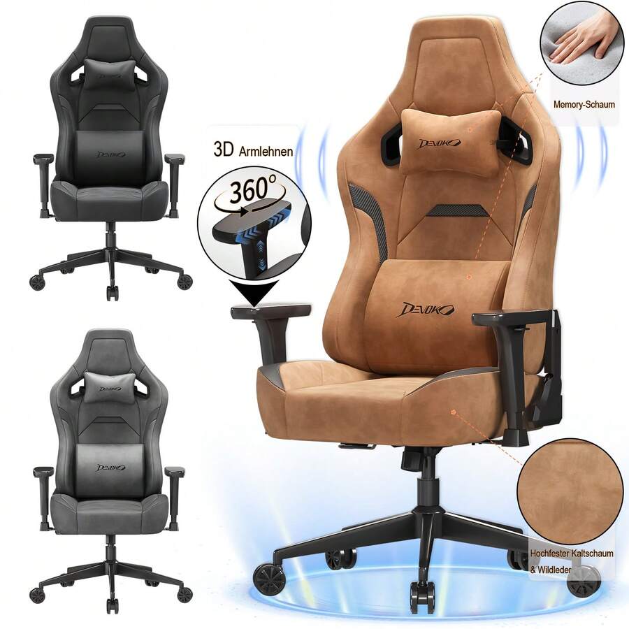 Cadeira Gamer Ergonômica Devoko Com Acabamento, Apoio De Braço 3D, Almofada Lombar E Encosto De Cabeça Em Espuma Viscoelástica, Capacidade Máxima De Carga De 200 Kg, Encosto Ajustável (90-135°) - Laranja Coral - Ver 1