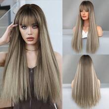 7JHH WIGS 24英寸长直发亚麻棕色假发，女士款，混色白色挑染，蓬松柔软，带刘海，外观自然，采用耐热合成纤维制成，美观大方，适合时尚女孩日常佩戴、动漫或角色扮演、音乐节、舞会、街头服饰等场合，也是母亲节的理想礼物。