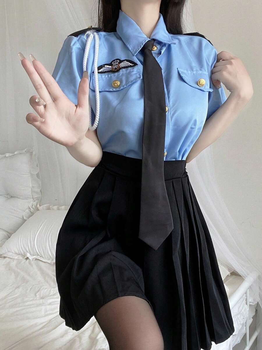 Annamia 3-Piece Set, Character Costume, Pleated Mini Skirt, Cute, Halloween, Women's Top, Pleated Skirt, Tie - 藍色 - 查看 1