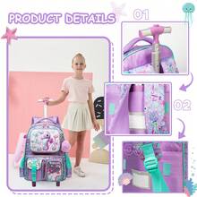 16-Inch Girls' Rolling Backpack With Lunch Box, Suitable For 8-10 Years Old Elementary School Students
