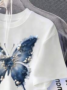 Tween Girls' Round Neck Butterfly Print Casual Versatile Daily Wear Short Sleeve T-Shirt - White - View 4