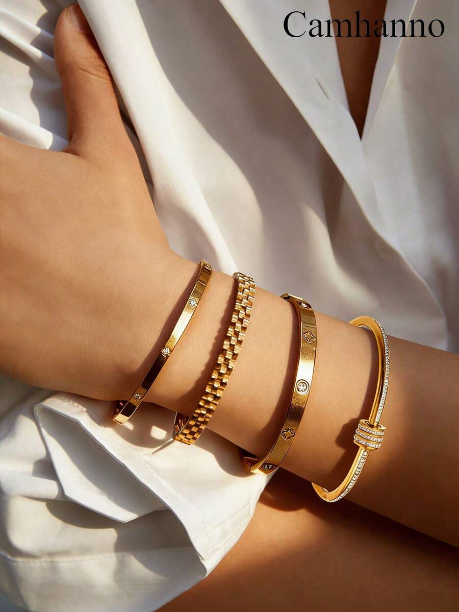 Camhanno 4pcs - Including Chain Patterns, Embellishments, And Other Designs, With A Variety Of Styles Suitable For Layering, Adding Delicate Layers And Exquisite Style To Daily Wear As Practical Accessories - Paired With Stainless Steel Material - A Gift For Friends - Gold - View 1