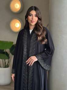 Hafizah Modest Fashion Rhinestone Embellished Black Loose Abaya Cardigan For Women - Black - View 5