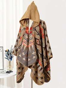 1pc Geometric Jacquard Knit Hooded Scarf Shawl Unisex Casual Outerwear, Suitable For Spring/Autumn, Daily & Travel Wear - Multicolor - View 6