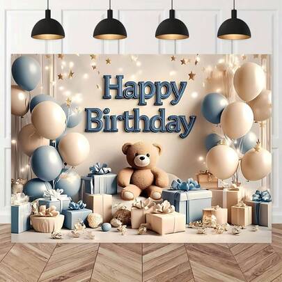 1 件生日背景布，图案为小熊礼盒和“生日快乐”字样，高清背景布，涤纶纤维面料，通用型，适用于各种家居活动，例如生日派对、庭院、节日庆典和摄影背景，易于清洁。