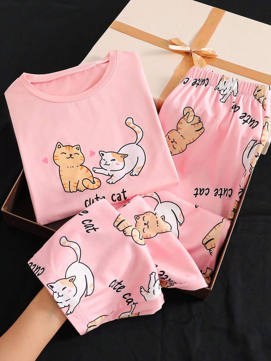 2pcs Girls Spring/Autumn Casual Home Set, Cute Cat Pattern Long Sleeve Top With All-Over Print Pants, Casual Home Style - Pink - View 1