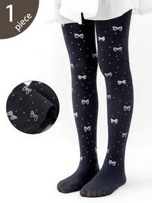 1 件女孩/儿童黑色纯色卡通蝴蝶结印花热转印打底裤袜芭蕾舞紧身裤适合日常、学校、可爱风格、所有季节 - 黑色 - 查看 1